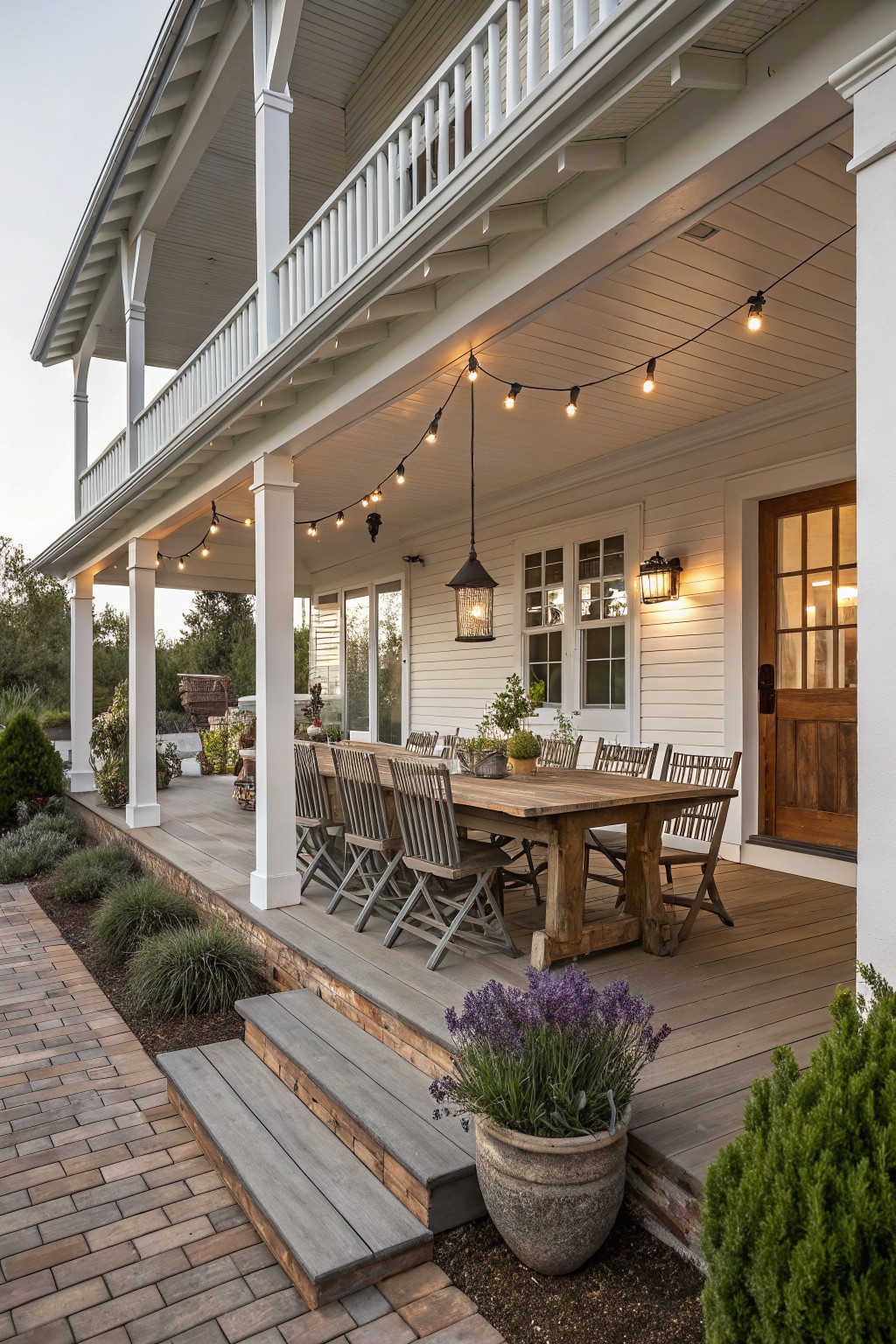 White clapboard house with covered front porch featuring long wooden dining table with chairs, overhead string lights, hanging lanterns, potted plants, lavender in a large pot, brick steps, and wooden front door.