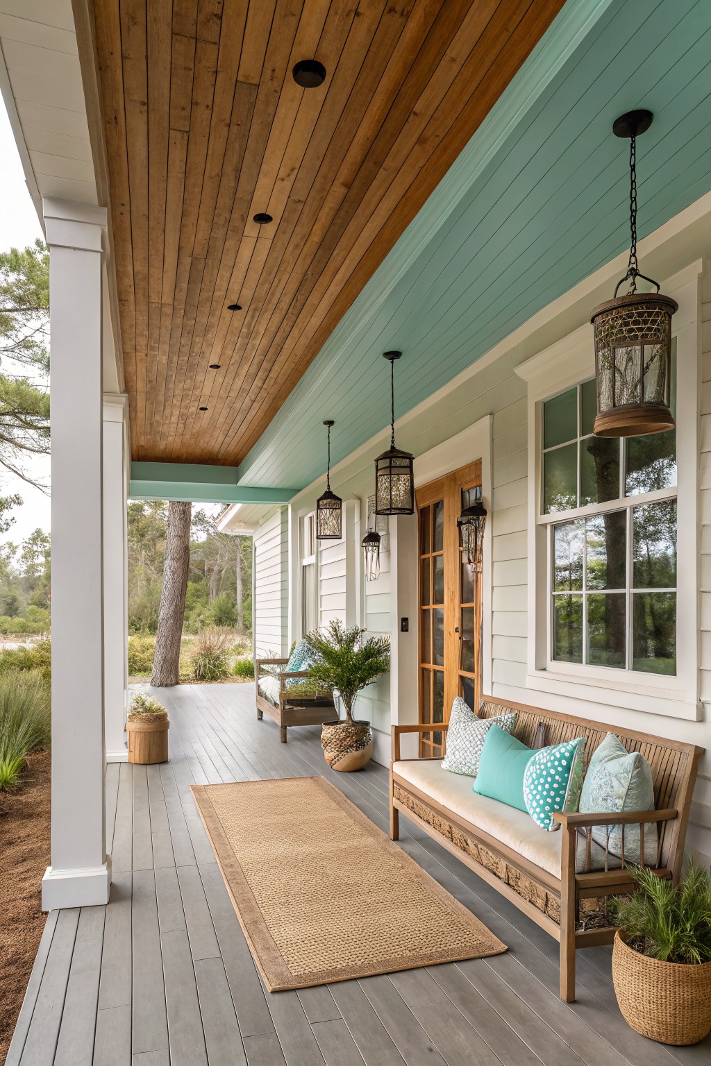 White clapboard house with wraparound front porch featuring wood plank ceiling and teal painted soffit, multiple hanging metal lanterns, wooden bench with turquoise pillows and plants, seagrass rug on gray decking, surrounded by pines.