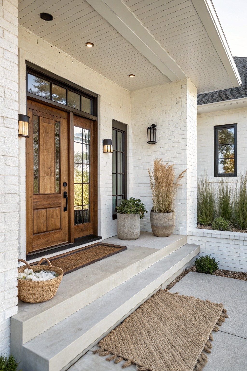 White brick house front with dark wood double entry doors featuring glass panels and grids, flanked by black lanterns and large potted grasses, concrete steps leading to a seagrass doormat and basket of flowers.