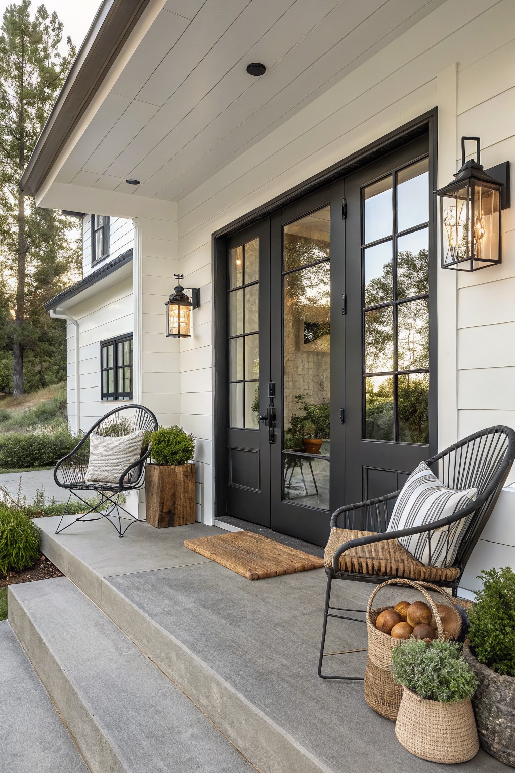 White shiplap house exterior with black-framed glass double doors, black lantern wall lights, gray concrete porch steps and landing, two black metal rattan lounge chairs with pillows, wood stump table, potted plants, and woven baskets with round loaves on the landing.