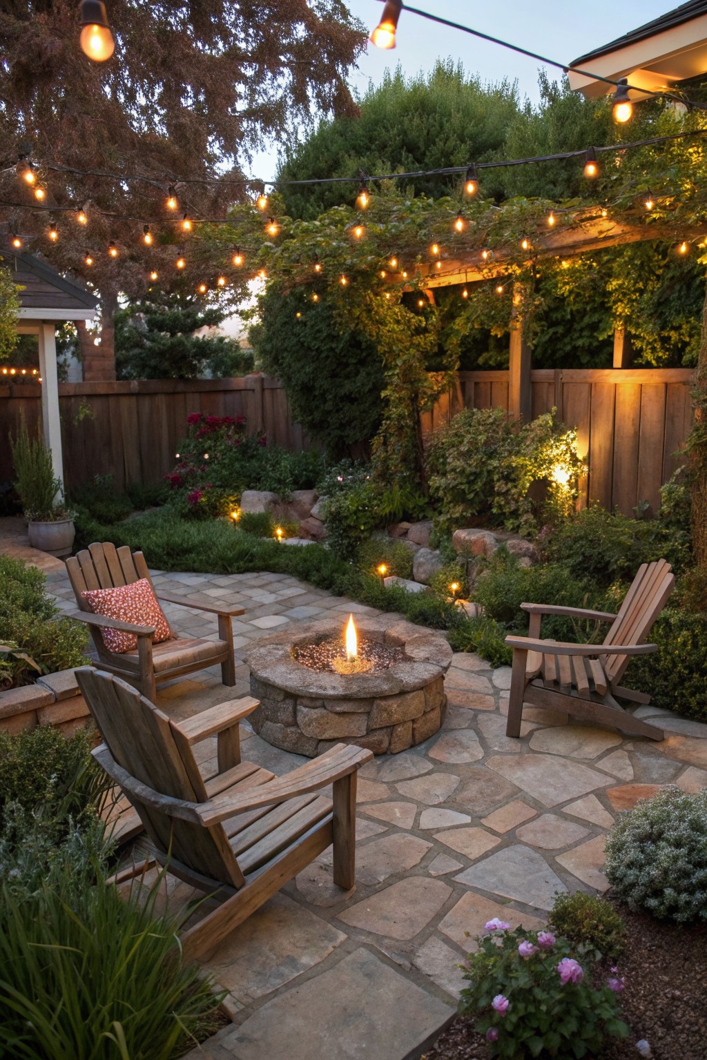 Backyard patio at dusk with a circular stone fire pit in the center, four wooden Adirondack chairs arranged around it, string lights overhead, paver stone flooring, garden beds, and wooden fences.