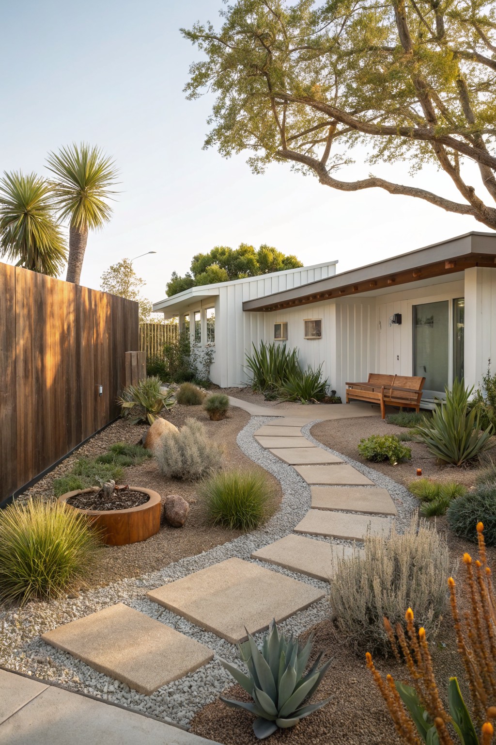A curving pathway of large beige concrete pavers set in gravel winds through a drought-tolerant garden with succulents, agaves, grasses, and boulders, leading to the entry of a white modern house with a wooden bench and fence.