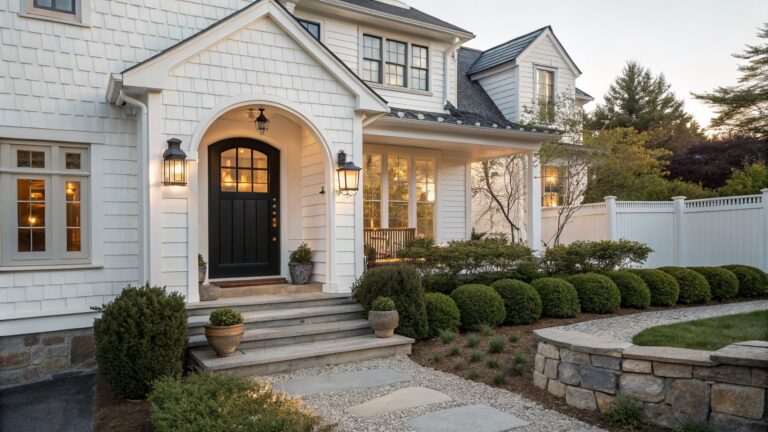 15 Modern Farmhouse Landscaping Ideas That Tie It All Together White shiplap modern farmhouse with black arched front door under porch, flanked by lanterns and bench, curved bluestone path edged by boulders, hydrangeas, boxwoods, and potted plants leading to steps.