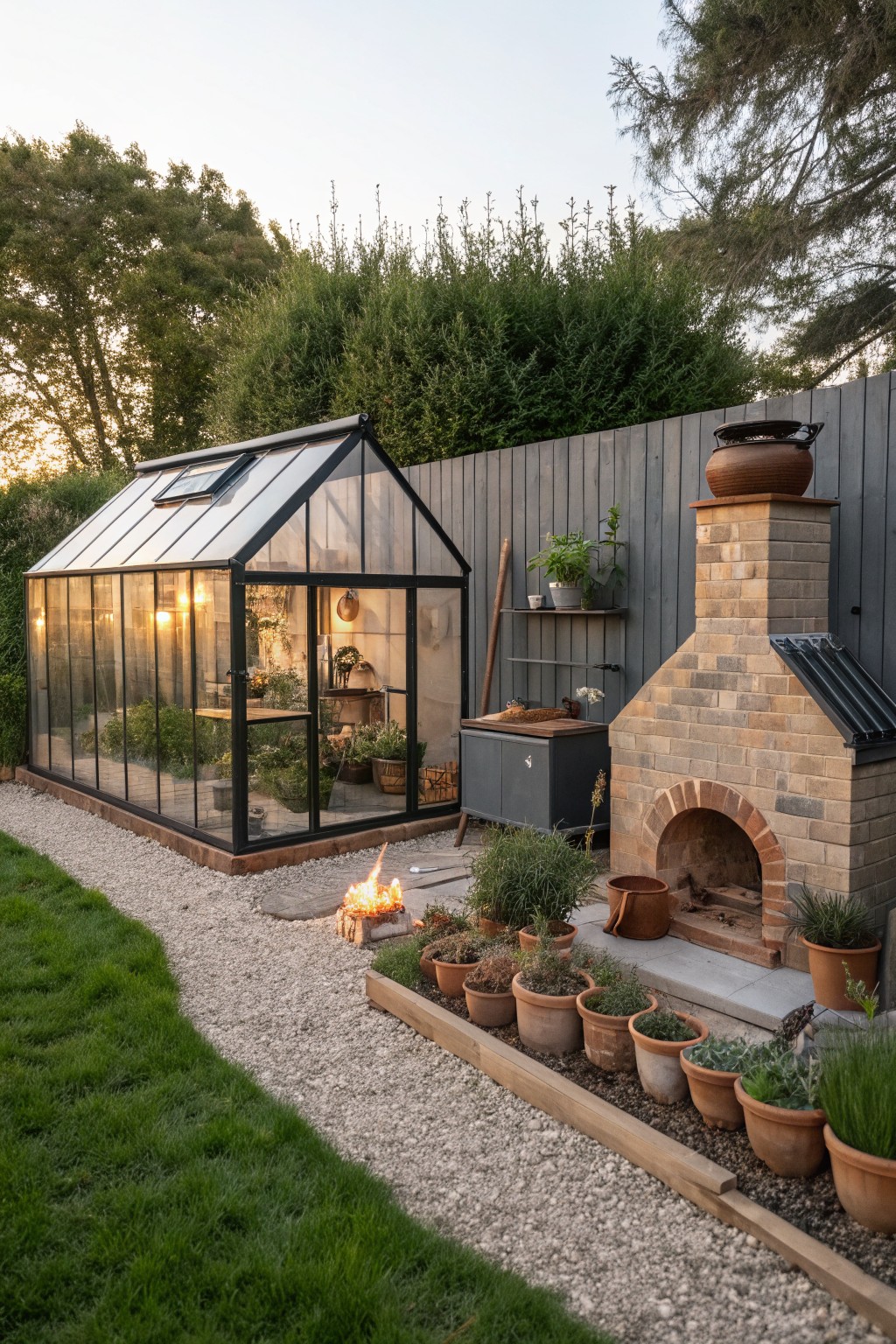 A glass greenhouse next to a brick outdoor fireplace with a small fire burning, gravel path edged by a wooden planter box filled with terracotta pots of herbs and plants, grass lawn, and trees in the background.