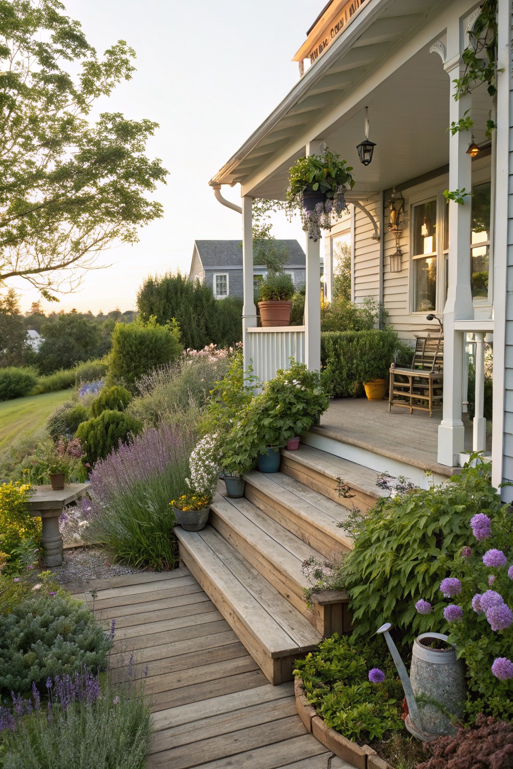 White shingle-style farmhouse with covered porch, wooden steps down to a plank path edged by layered garden beds of perennials, shrubs, potted plants, and a bench on the porch deck.