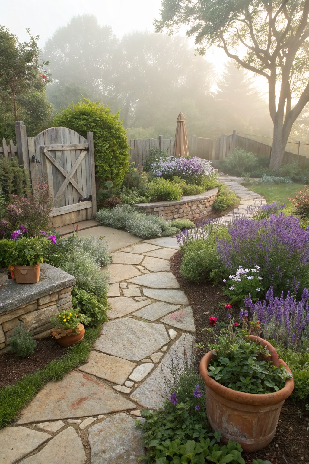 Foggy garden scene with a rustic wooden gate, curving irregular stone path through beds of purple lavender and salvia, stone retaining wall, potted plants, and trees in the background.