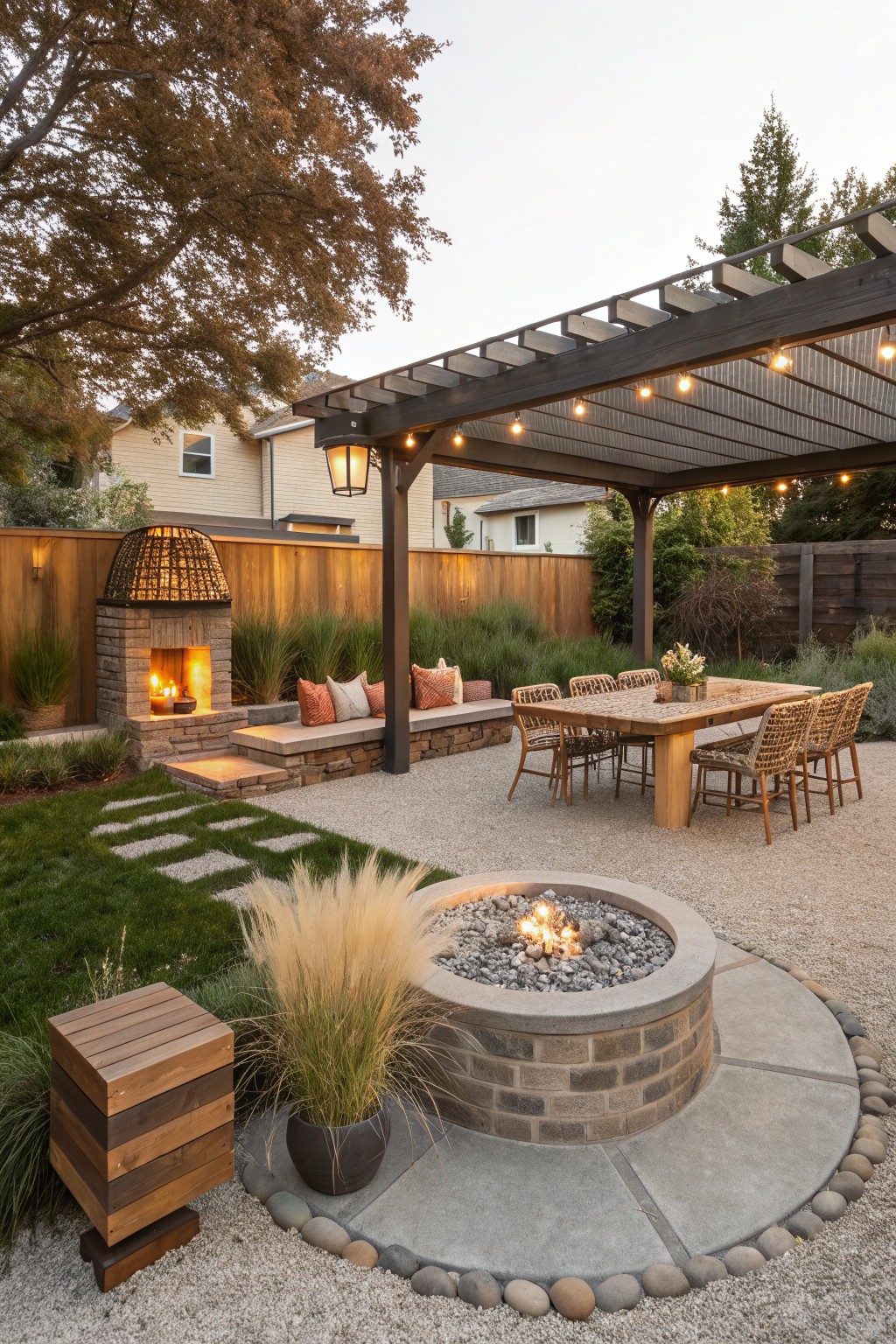 Backyard outdoor living space with a wooden pergola strung with lights over a large rectangular dining table and chairs, adjacent stone fireplace with bench seating, circular brick fire pit surrounded by gravel paths and potted grasses, wooden fence backdrop.