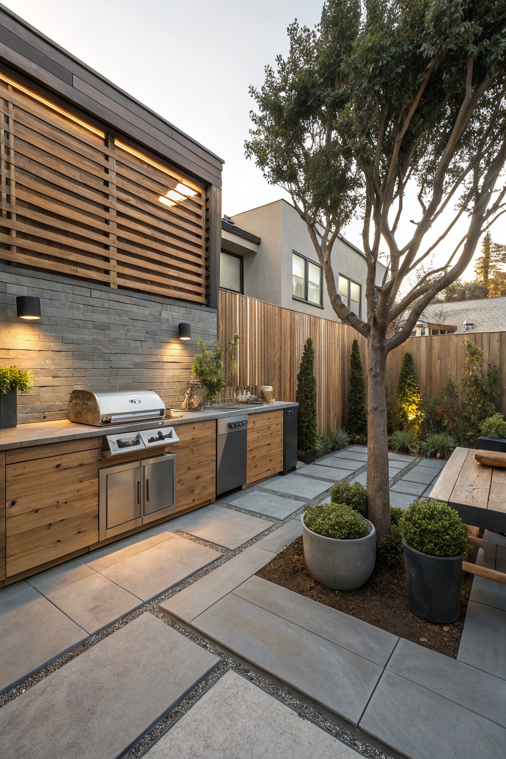 Outdoor kitchen with wooden cabinets, stainless steel grill and dishwasher, concrete countertop against gray stone wall with black wall lights, paver patio, central tree in gravel bed, wooden fence, potted plants, and teak dining table.