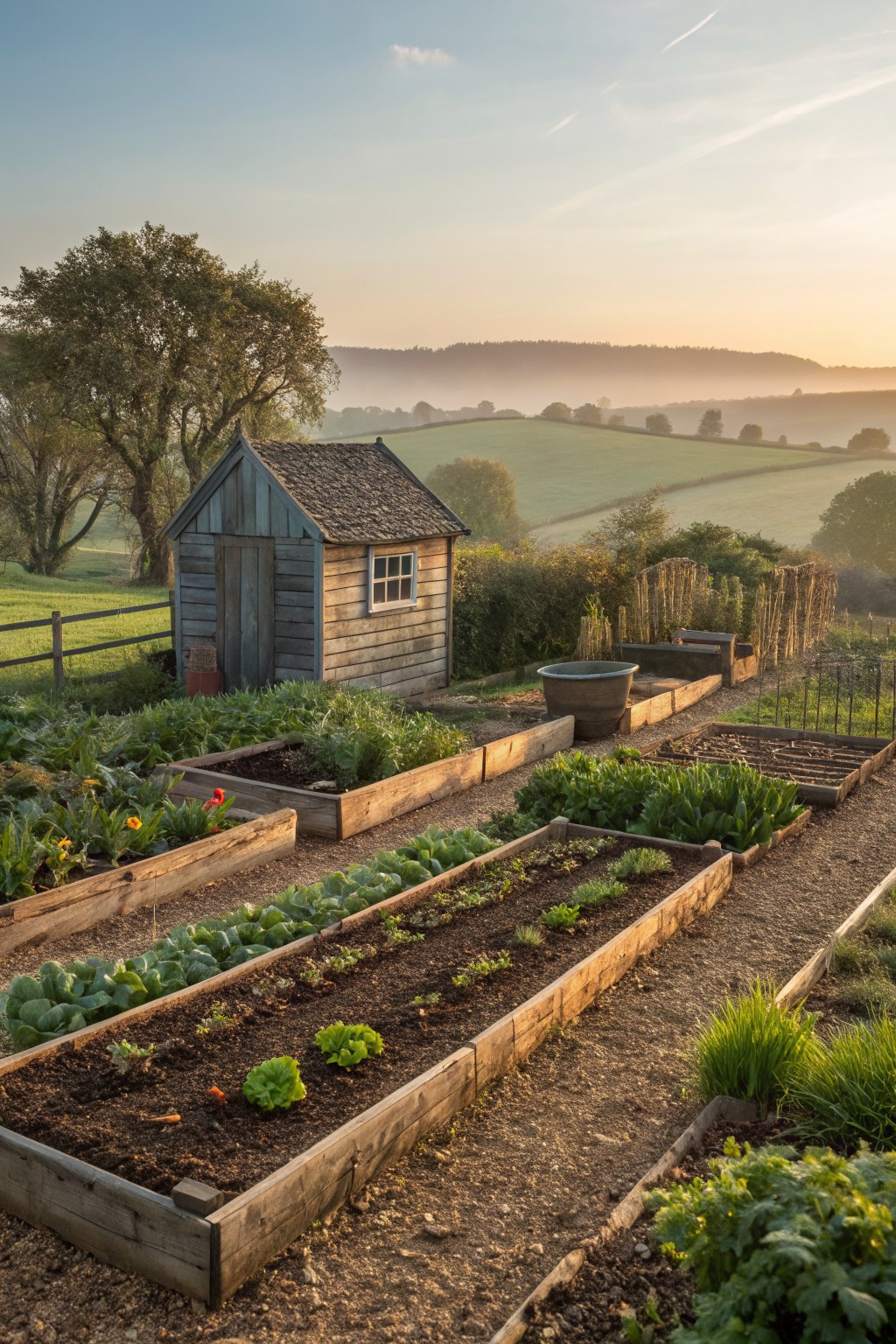 Wooden raised garden beds planted with vegetables and greens, gravel paths between them, a small wooden shed, and distant rolling fields under a morning sky.