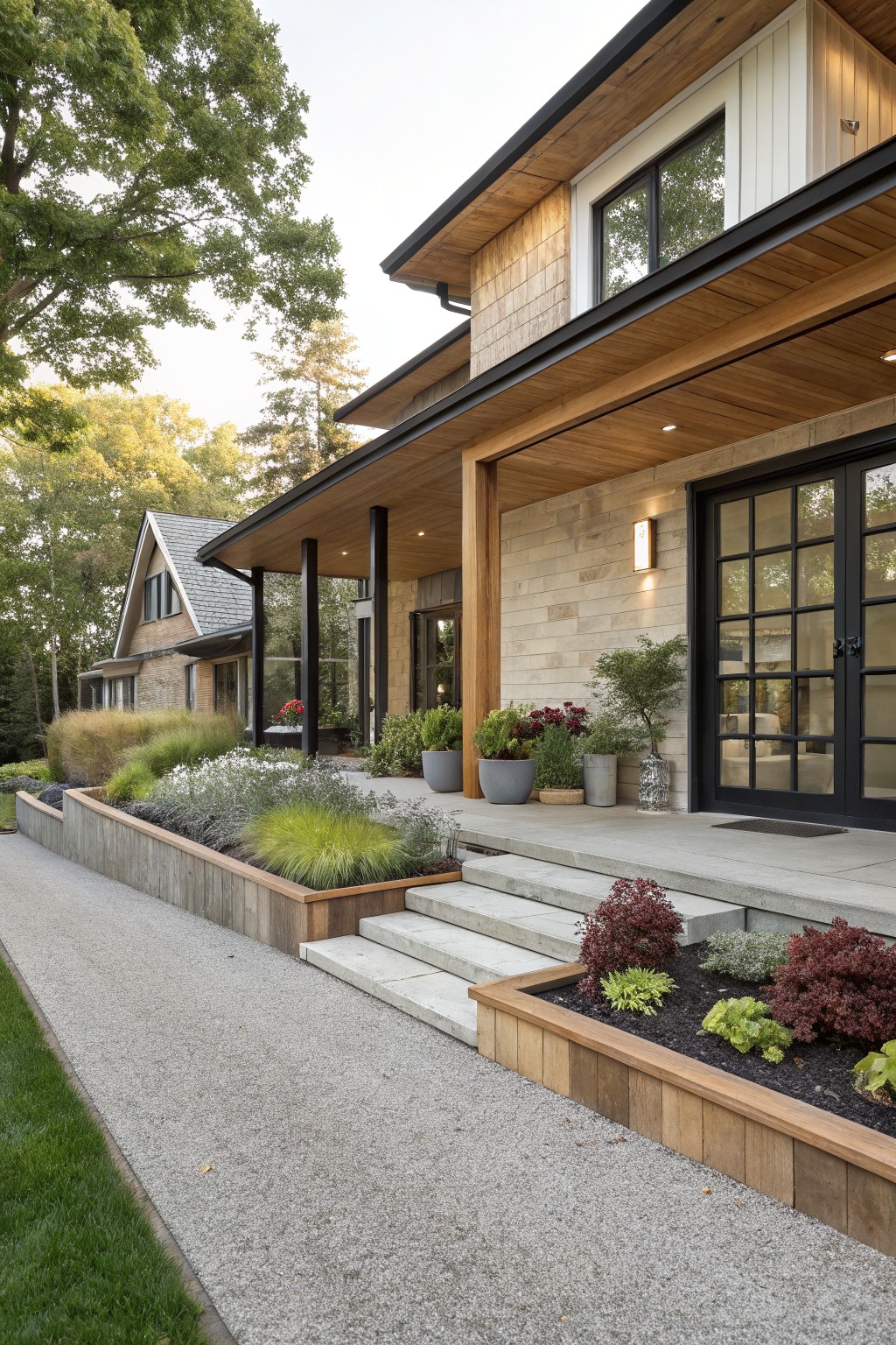Side exterior of modern farmhouse with wood and stone siding, covered porch with black doors, gravel path edged by raised wooden planters filled with ornamental grasses, flowers, and shrubs leading to concrete steps.