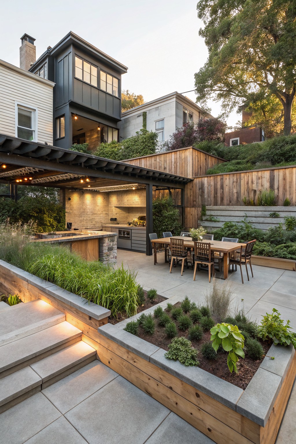 Outdoor patio featuring a built-in brick kitchen, wooden dining table with chairs, and concrete pavers, bordered by wooden raised planting beds with grasses, shrubs, and lit steps, next to houses on a hillside with trees.
