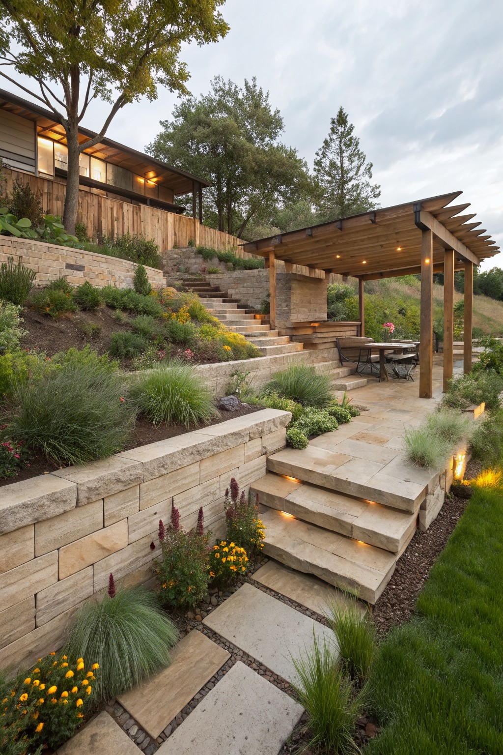 Hillside landscaping with tiered sandstone retaining walls and wide steps lit by recessed LEDs, surrounded by ornamental grasses, flowers, and low shrubs, leading to a pergola-covered patio with a dining table beside a modern wood-sided house.
