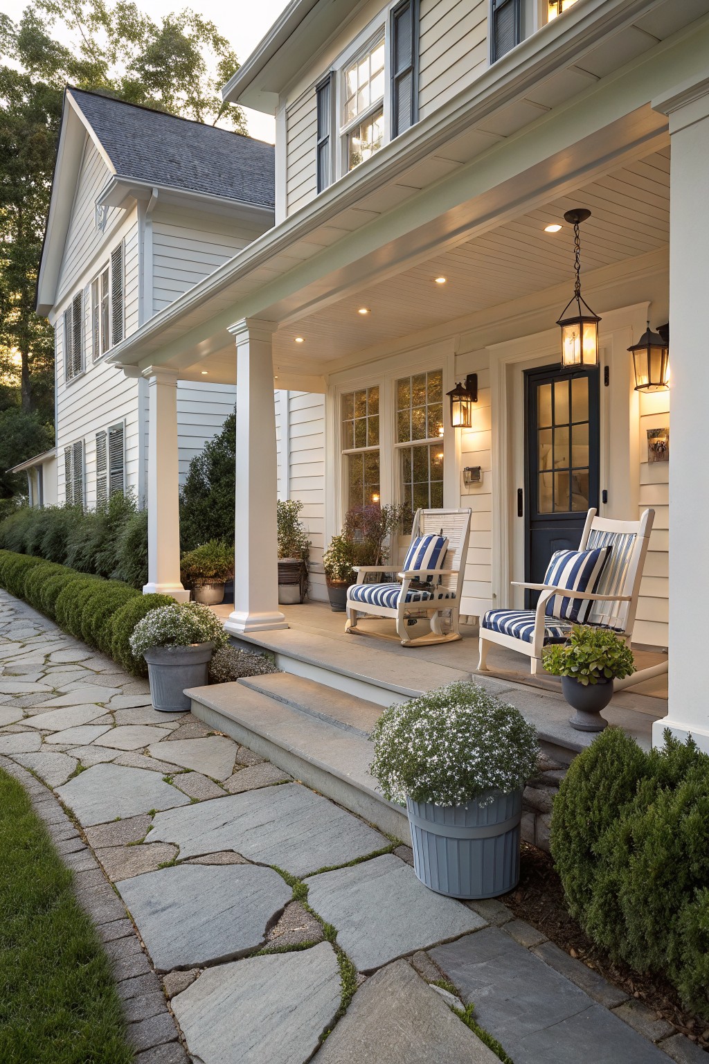 White clapboard house with covered front porch, white columns, blue door, two white rocking chairs with blue cushions, flanked by boxwood shrubs and potted plants, with irregular gray flagstone path curving from street to porch steps.