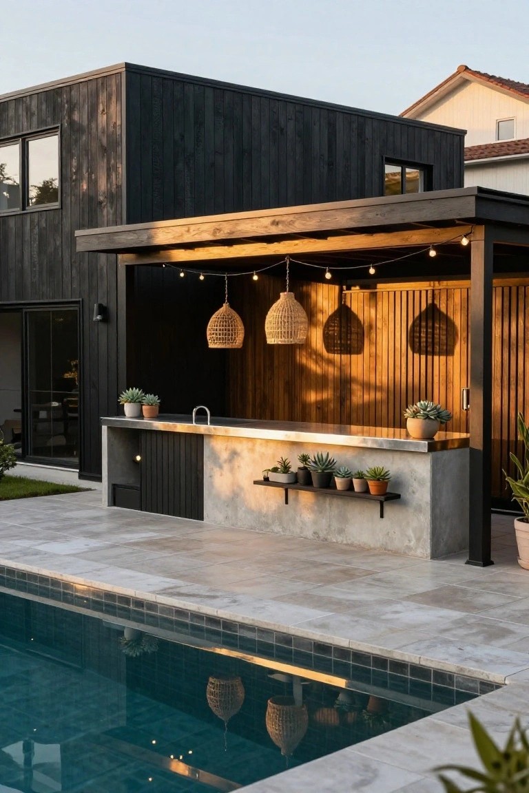 Modern house exterior with black vertical timber cladding, attached wooden pergola sheltering a concrete outdoor kitchen bar with sink and potted plants, next to a turquoise swimming pool on tiled patio.