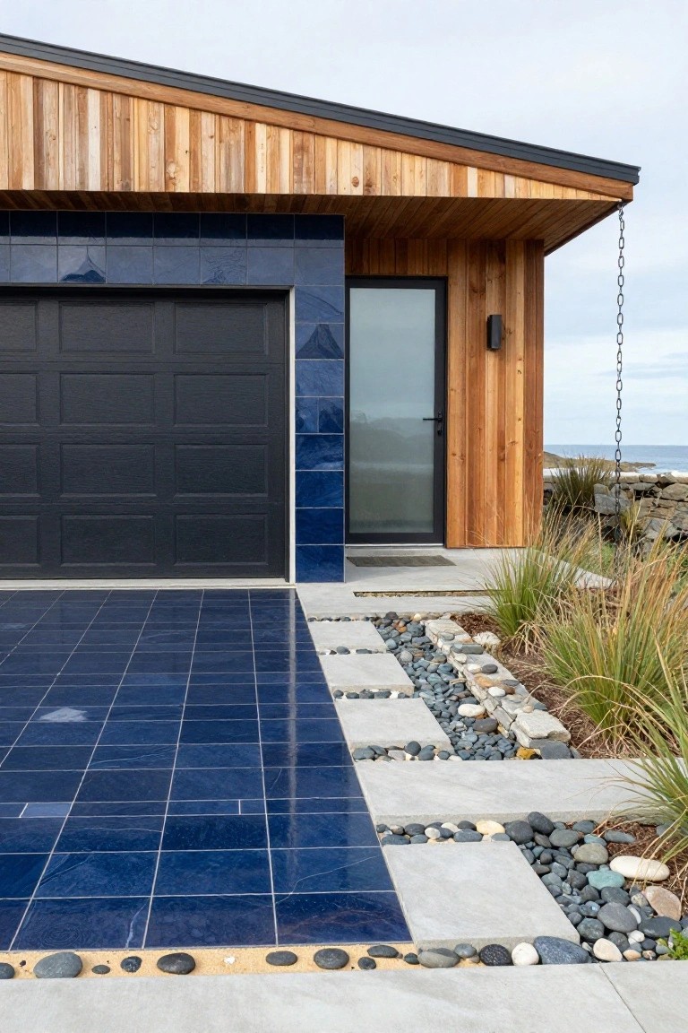 Contemporary house exterior with vertical blue tiles on wall beside black garage door, cedar wood siding on upper section and entry area, frosted glass entry door, concrete pavers and pebble-edged path leading to grasses, ocean view in background.