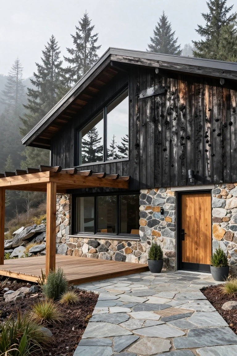 Modern cabin house with black charred wood siding on upper walls, colorful rounded stone base at entry and side, wooden door, covered wooden porch, stone path, and surrounding pine trees in misty forest.