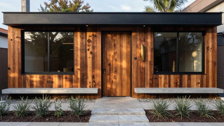 Modern house entrance with vertical wooden cladding around a solid wood door, flanked by large glass windows under a black overhang, concrete steps leading up, gold wall light, olive tree, and gravel landscaping.