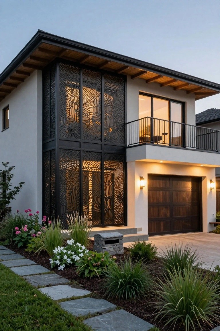 Two-story modern house exterior with black metal lattice screen panels on one side covering upper windows and balcony, wooden garage door, pathway, and front plants at dusk.