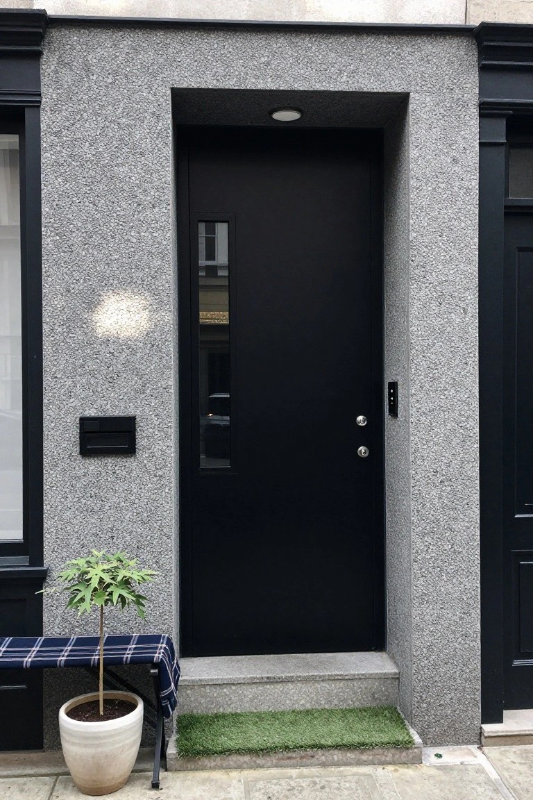 Gray pebbledash walls frame a matte black front door with a narrow vertical window and two door handles, next to a black mail slot and doorbell panel, with a potted tree on a bench and artificial grass on the step.