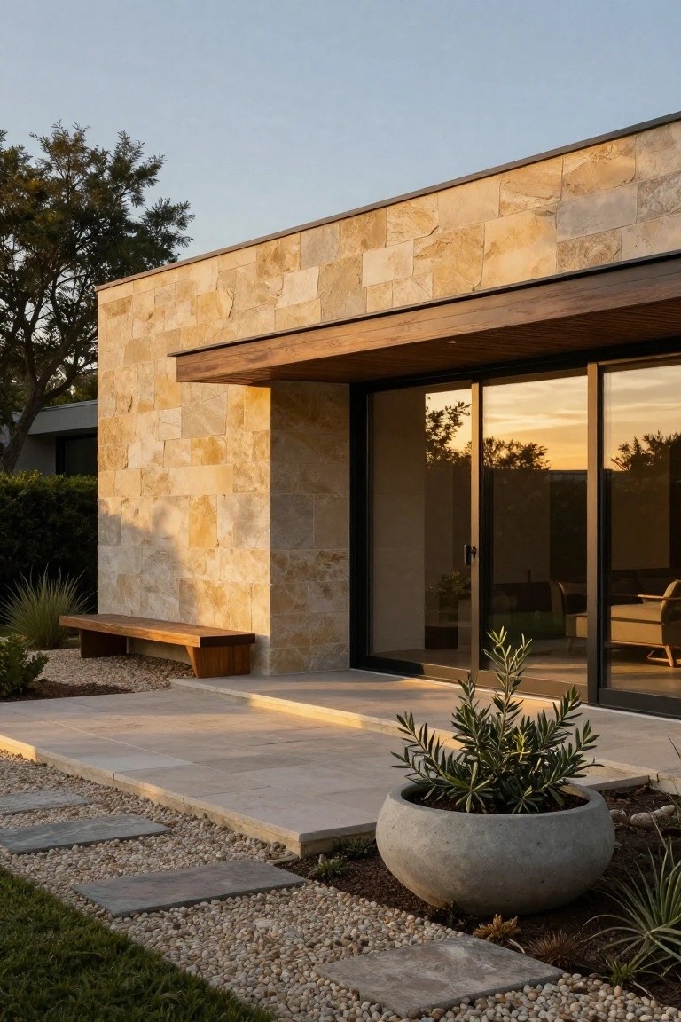 Modern house exterior with beige textured stone wall, large black-framed sliding glass doors reflecting sunset, wooden bench, stone pavers, gravel path, potted olive tree, and agave plants beside a lawn.