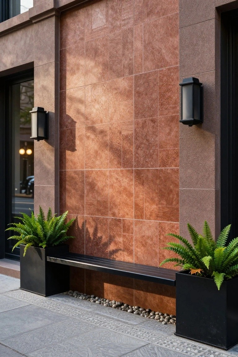 House exterior with a tall reddish-brown textured tile accent wall next to a glass entry door, flanked by black wall lamps, a wooden bench, two black pots with ferns, pebble mulch, and gray patterned pavers.