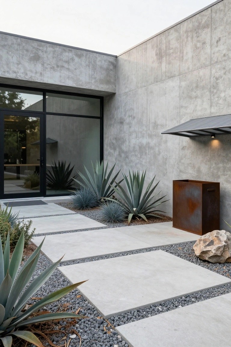 Modern house exterior featuring textured gray concrete walls, large black-framed glass entry doors, concrete paver pathway with gravel borders and agave plants, rusty metal bin, and boulder beside the path.