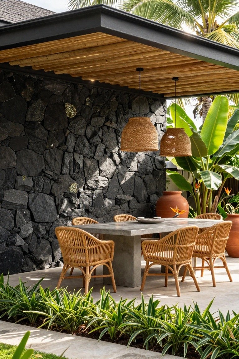 Outdoor dining patio with rattan chairs around a gray concrete table set against a tall textured black lava rock wall, under a bamboo slat ceiling with hanging rattan pendant lights, flanked by large terracotta pots and tropical plants.