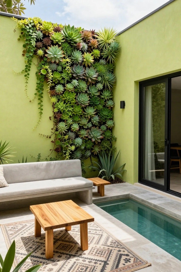 Lime green exterior wall densely covered in various succulents and trailing plants, next to a small rectangular pool, gray outdoor sofa, wooden coffee table, and patterned rug on a tiled patio.