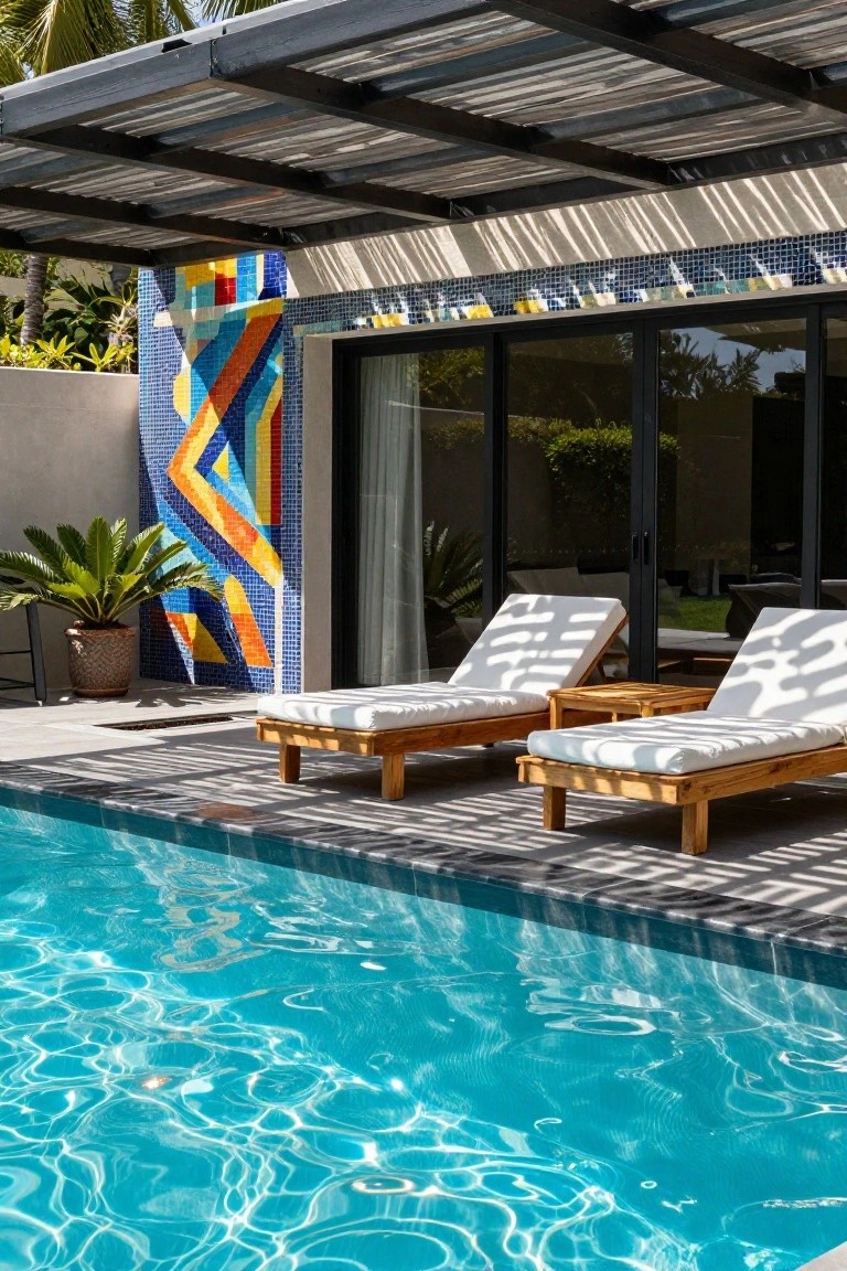 Outdoor pool area with turquoise water edged in dark stone, two white cushioned wooden lounge chairs and side table under a slatted metal roof, next to a beige house wall featuring a tall colorful geometric mosaic tile artwork in blue, yellow, orange, and teal, with potted palms and sliding glass doors.