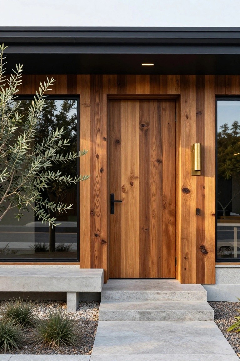 Modern house entrance with vertical wooden cladding around a solid wood door, flanked by large glass windows under a black overhang, concrete steps leading up, gold wall light, olive tree, and gravel landscaping.