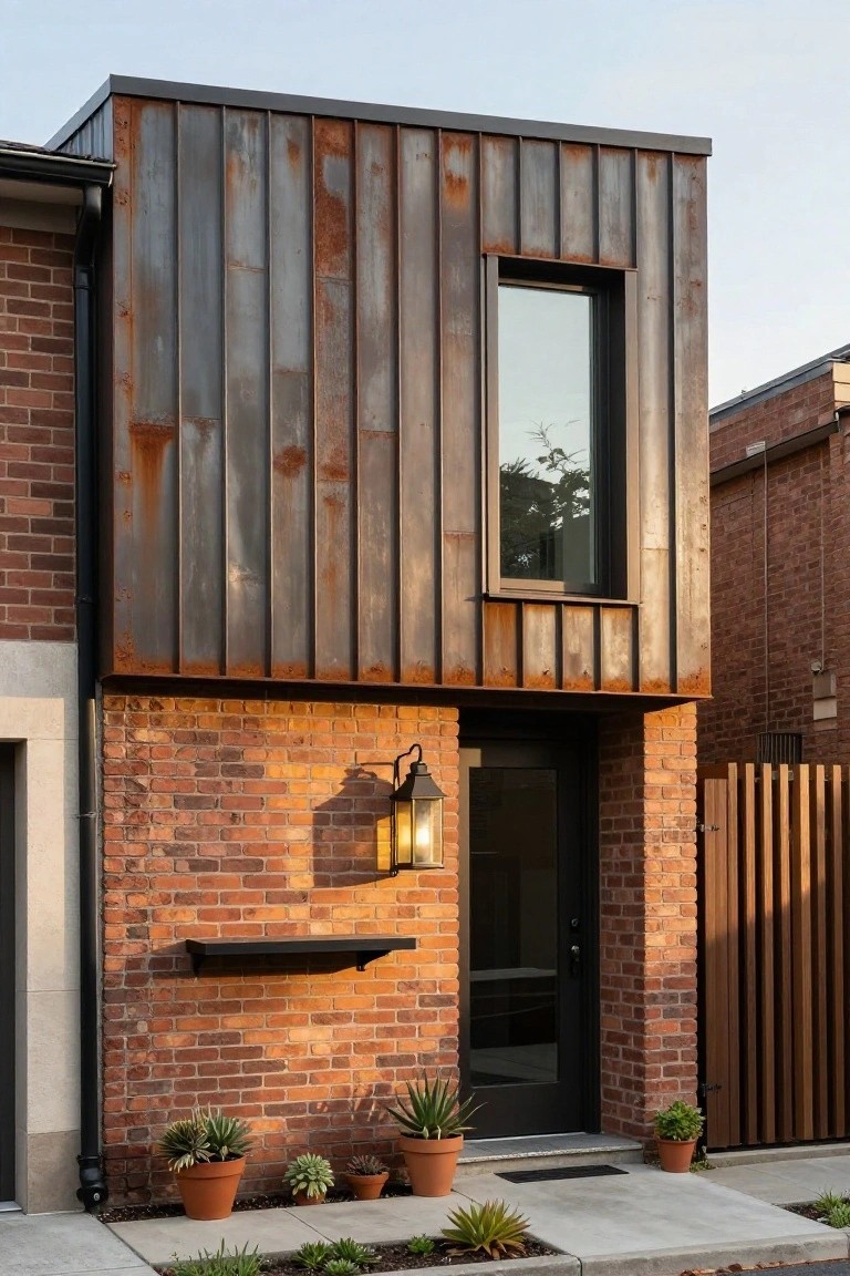 Brick house exterior with rusted metal vertical cladding on upper extension, black front door with lantern light, brick shelf, and potted succulents along concrete entry path.