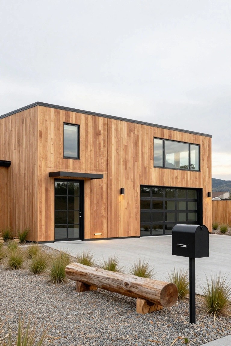 Modern boxy house with vertical light wood cladding, black metal roof edge and trim, large horizontal window, glass garage door, front entry door, concrete driveway, black mailbox, gravel ground cover, ornamental grasses, and log bench.