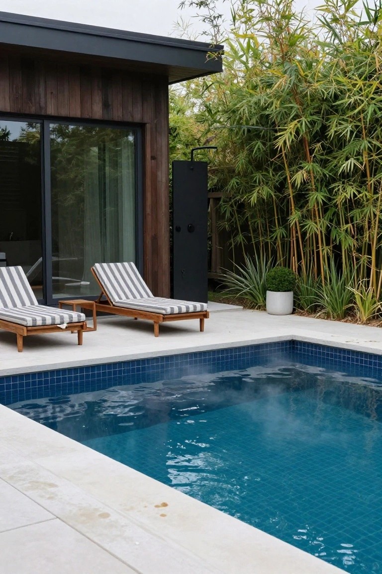 Small blue mosaic-tiled pool with steam rising, two wooden lounge chairs with striped cushions on a concrete deck next to a dark wood and black metal cabin, surrounded by tall green bamboo plants.