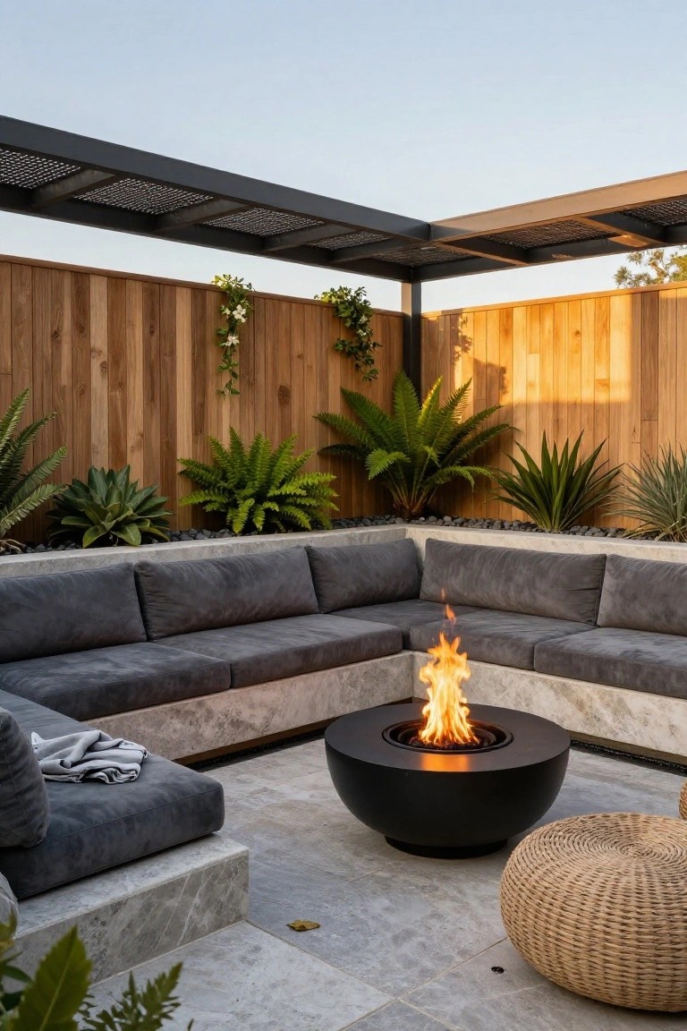 Outdoor patio featuring L-shaped built-in gray sofa seating on a raised concrete platform surrounding a black round fire pit with flames, wooden fence backdrop with climbing vines and potted plants, gray tiled floor, and woven pouf nearby.