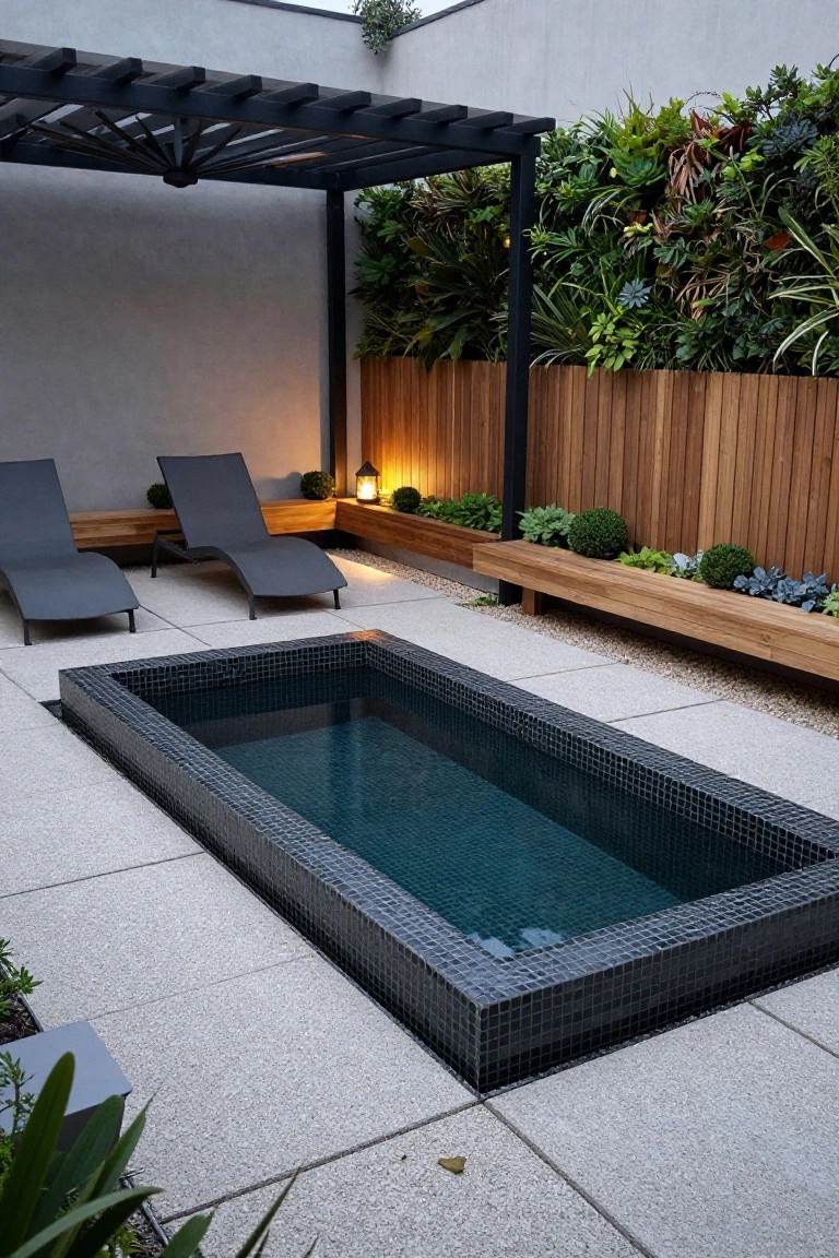 A modern backyard patio with a rectangular black mosaic-tiled plunge pool surrounded by gray pavers, two black loungers, wooden benches with plants, greenery-covered walls, and a black metal pergola.