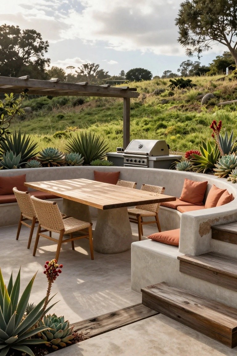 Outdoor patio featuring curved built-in beige stucco bench seating with rust cushions around a wooden pedestal table and rattan chairs, stainless steel grill nearby, agave plants, and grassy hillside backdrop.