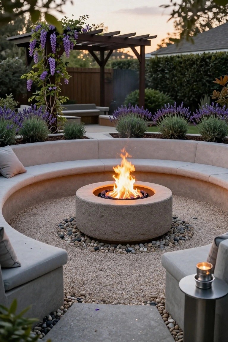 Backyard fire pit area with circular beige stone fire pit at center, surrounded by curved matching built-in bench seating on gravel base edged with lavender plants, wisteria pergola and trees in background at dusk.