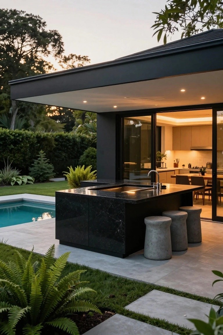 Backyard patio featuring a black granite kitchen island with sink and four concrete stools under a covered roof, adjacent to a small pool, lush greenery, and a view into a modern kitchen through glass sliding doors.
