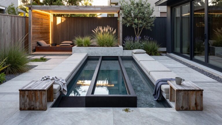 15 Modern House Exterior Backyard Spaces That Wow Long narrow pool along concrete patio edge in modern backyard, with built-in benches, wooden stools and box, linen throw, coffee cup, grasses, lavender plants, olive tree, and adjacent dark house with glass doors.