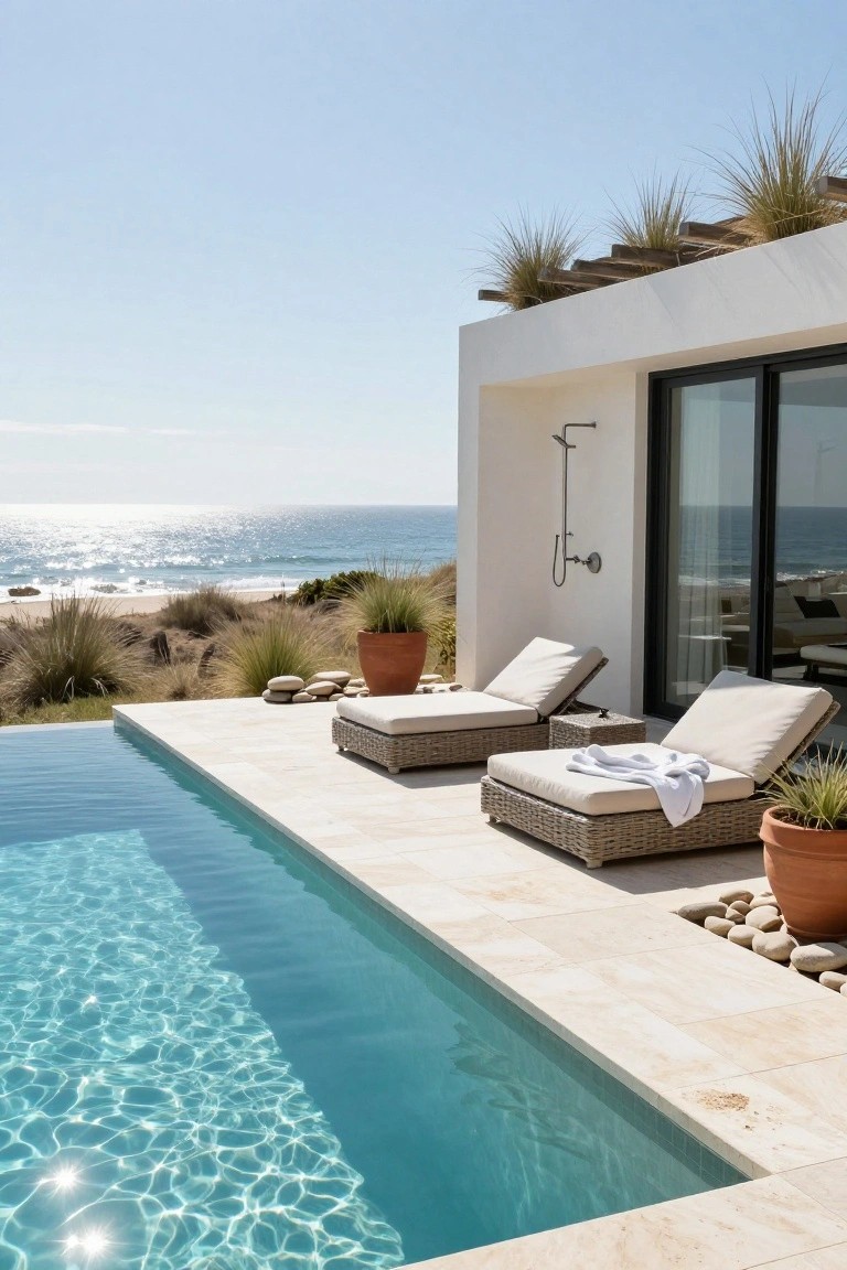 White modern house with infinity-edge pool, two beige loungers with towels, outdoor shower, potted plants, and ocean view with dunes in the background.