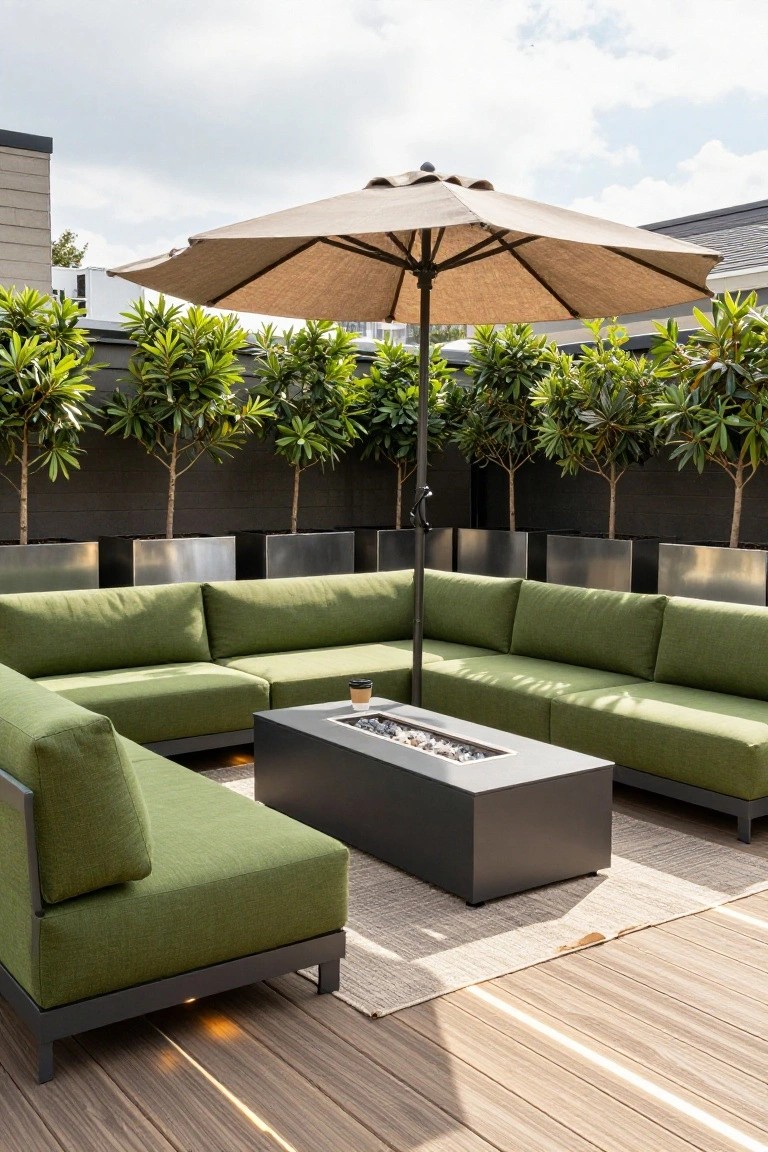 Rooftop terrace deck with L-shaped emerald green outdoor sofa surrounding a rectangular black fire pit table, beige cantilever umbrella overhead, and podocarpus trees in tall metal planters against a dark wall on wooden flooring.