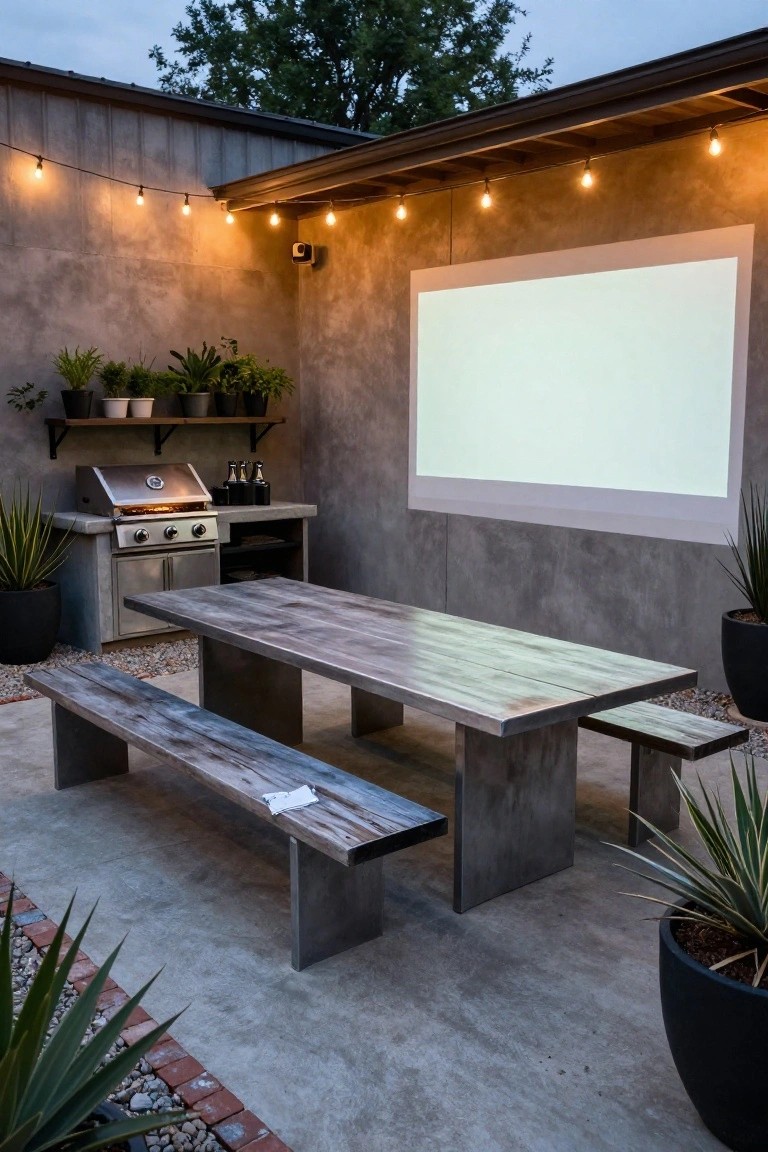 Modern backyard patio with stucco walls, built-in stainless steel grill, rustic wooden dining table and benches with metal legs, large blank projector screen on the wall, overhead string lights, and potted plants.