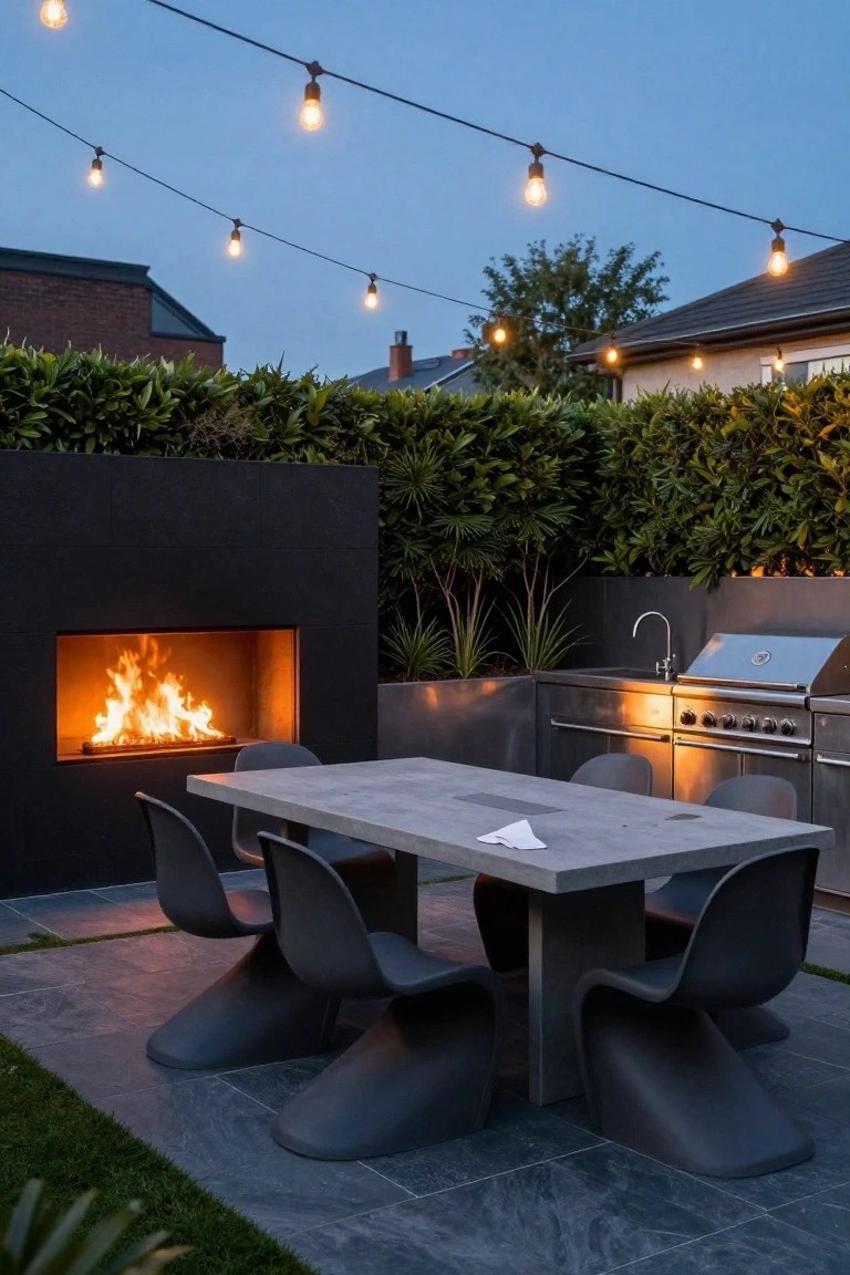 Evening backyard patio with overhead string lights, black wall containing a lit linear fire pit, gray concrete dining table and six black molded plastic chairs, stainless steel outdoor kitchen with sink and grill, hedges on sides, dark tile floor.