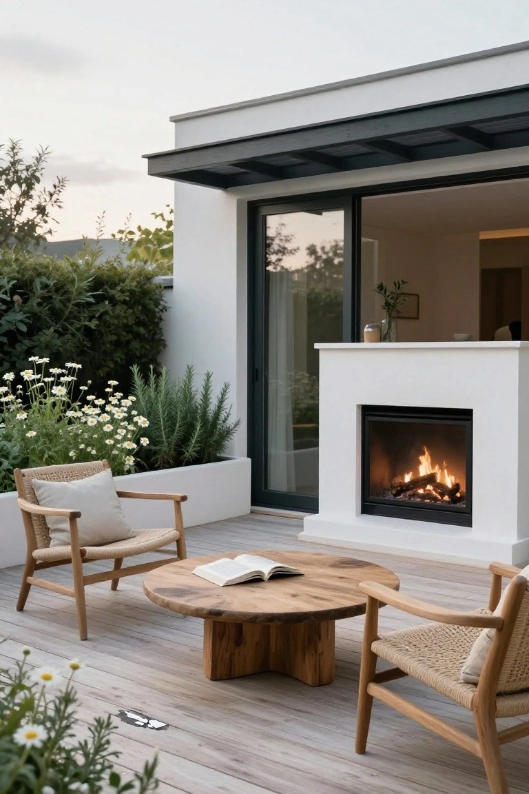 White modern fireplace on a light wood deck with two rattan armchairs, round wooden coffee table, potted white flowers and herbs nearby, adjacent to glass doors of a white house and greenery.