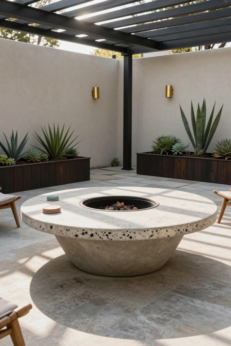 Outdoor patio with a large circular concrete fire pit table containing flames in the center, surrounded by two woven chairs, stacked coasters on the table surface, raised wooden planters with agave and succulents, beige stucco walls, gold wall sconces, and a black metal pergola overhead on a tiled floor.