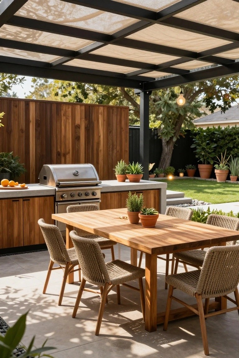 Outdoor patio under black metal pergola with beige fabric shade, featuring wooden kitchen island with stainless steel grill, adjacent teak dining table with rattan chairs, potted plants, wooden fence backdrop, and steps to lawn.
