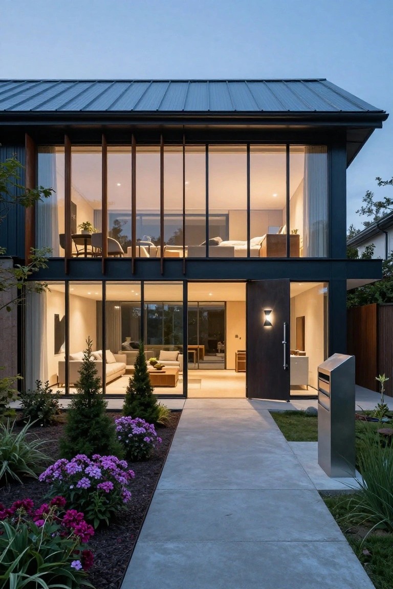 A modern two-story house exterior at dusk with dark metal framing around large glass walls and windows, wooden vertical accents, an open entry door, interior visible through glass, concrete pathway, and front landscaping with small trees and purple flowers.