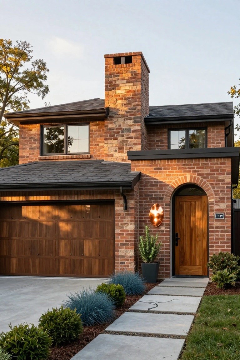 Front view of a two-story brick house featuring a tall brick chimney, dark wood garage door, arched wooden entry door with copper wall light, black-framed windows, and concrete pathway with blue agave plants and shrubs.