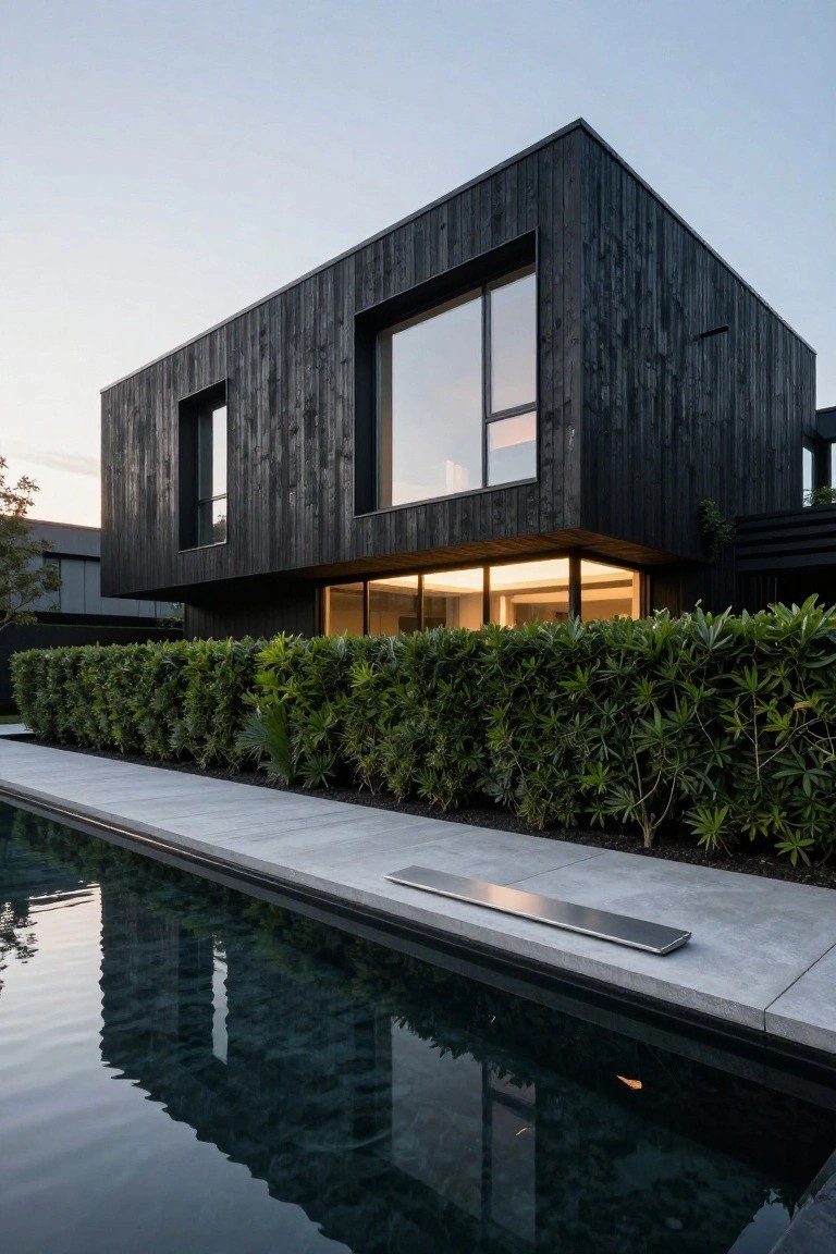 Corner view of a modern black wood-clad house with large windows and a ground-level glass wall, next to a long infinity-edge pool and tall green hedges at dusk.