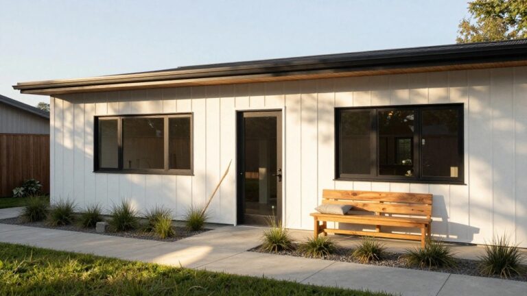 Contemporary house exterior with light vertical wood cladding, black-framed windows and door, wooden bench with beige cushions adjacent to recessed entry, tall ornamental grasses, concrete path, and gravel border.